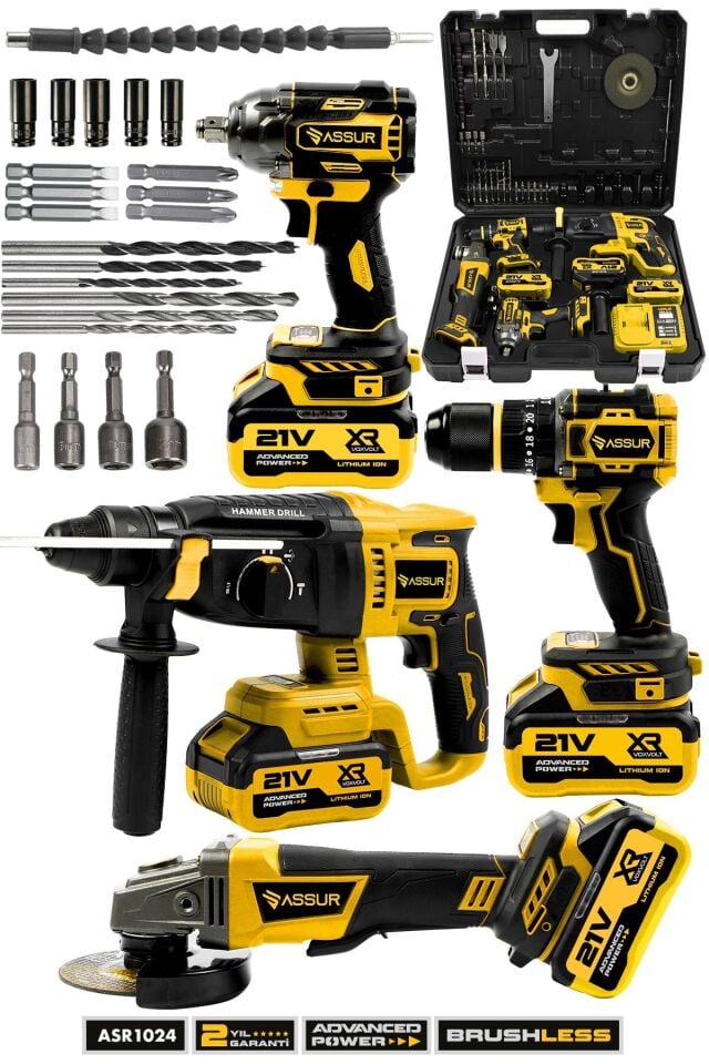 Assur Profesyonel 21V Akülü Taşlama & Kırıcı Delici Hilti & Matkap & Somun Sıkma Sökme 4'lü Set