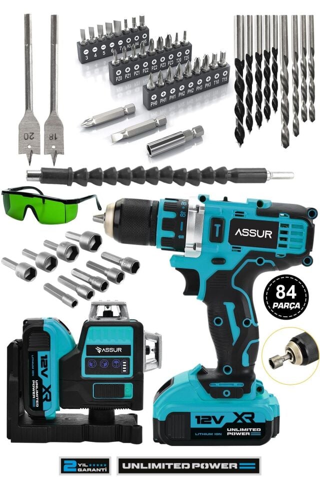 Assur Profesyonel 12V Çift Akülü Vidalama 84 Parça & 12 Köşe 360° Lazer Hizalama Set