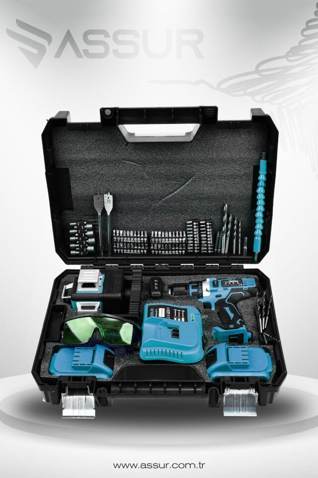 Assur Profesyonel 12V Çift Akülü Vidalama 84 Parça & 12 Köşe 360° Lazer Hizalama Set