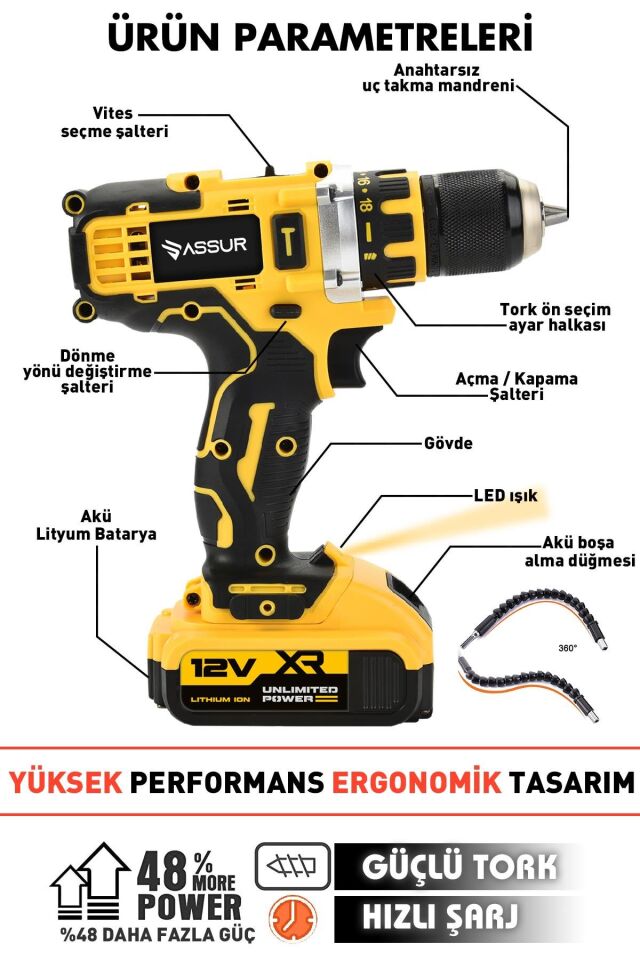 Assur Profesyonel 12V Çift Akülü Vidalama 84 Parça & 12 Köşe 360° Lazer Hizalama Set
