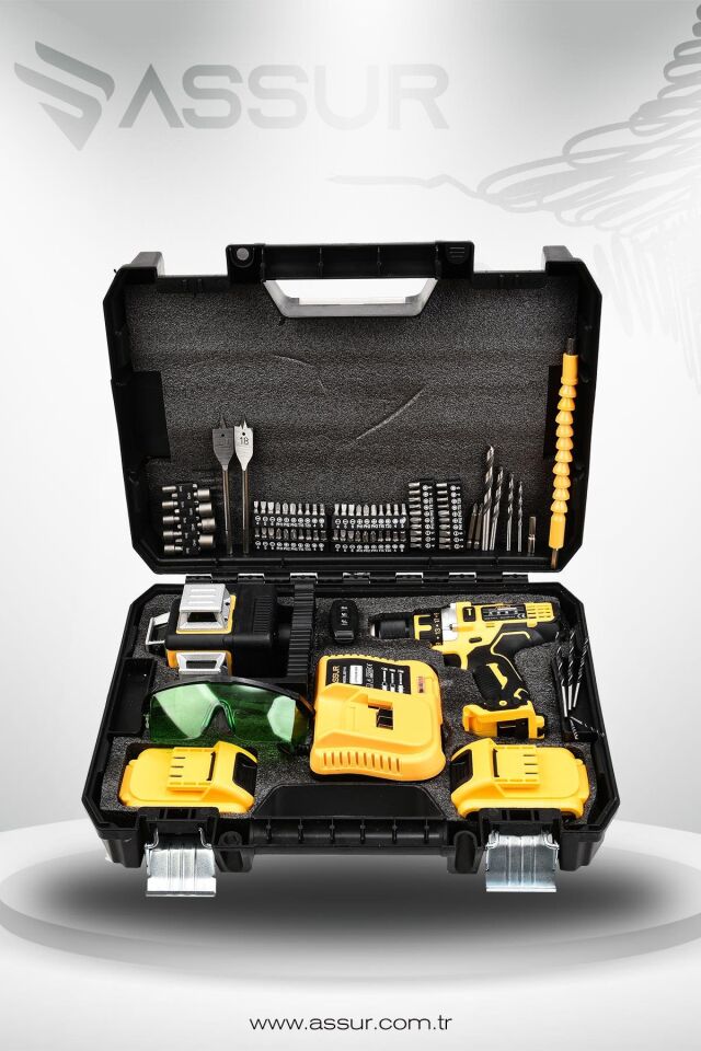 Assur Profesyonel 12V Çift Akülü Vidalama 84 Parça & 12 Köşe 360° Lazer Hizalama Set