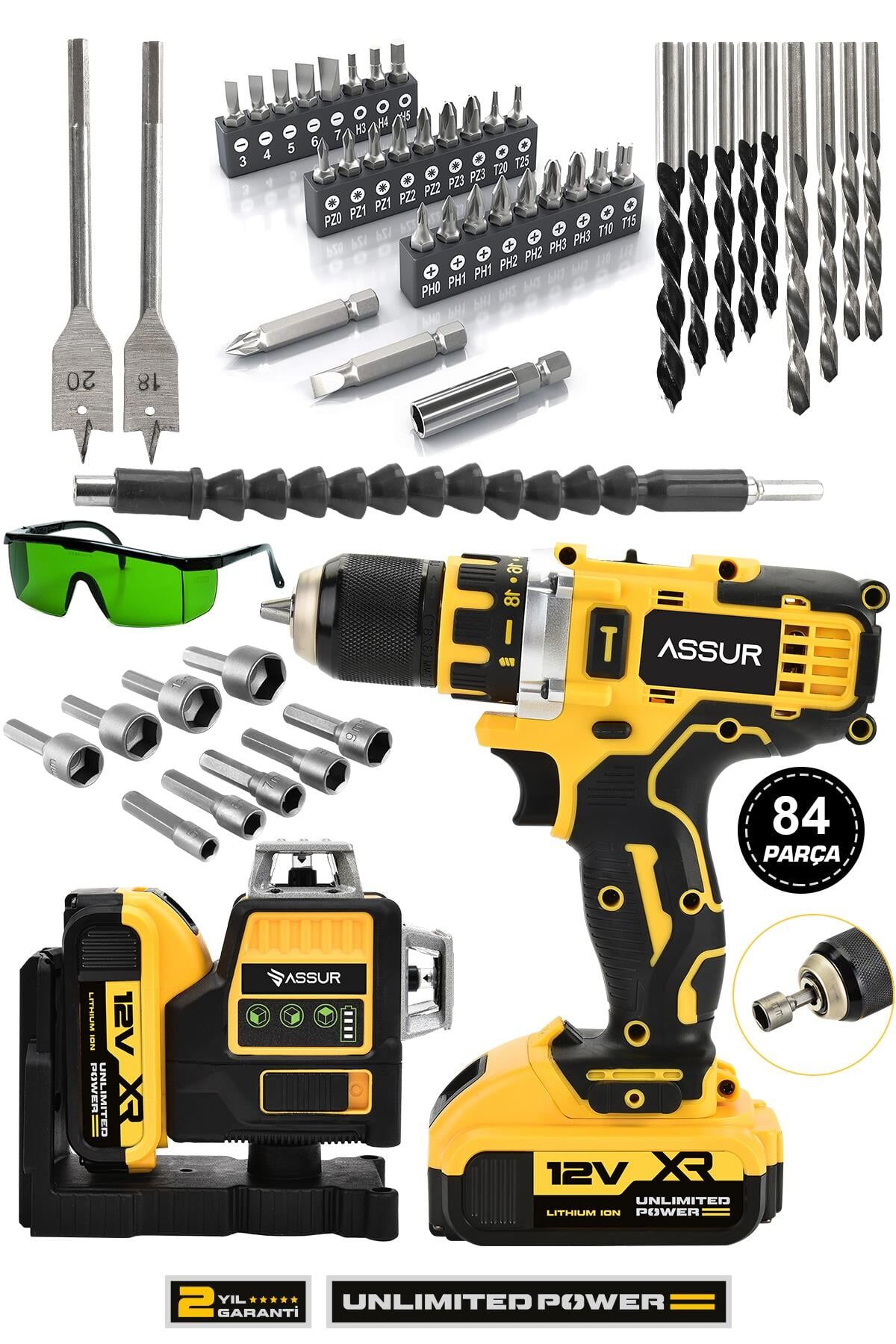 Assur Profesyonel 12V Çift Akülü 12 Köşe 360° Lazer Hizalama & Akülü Vidalama Set