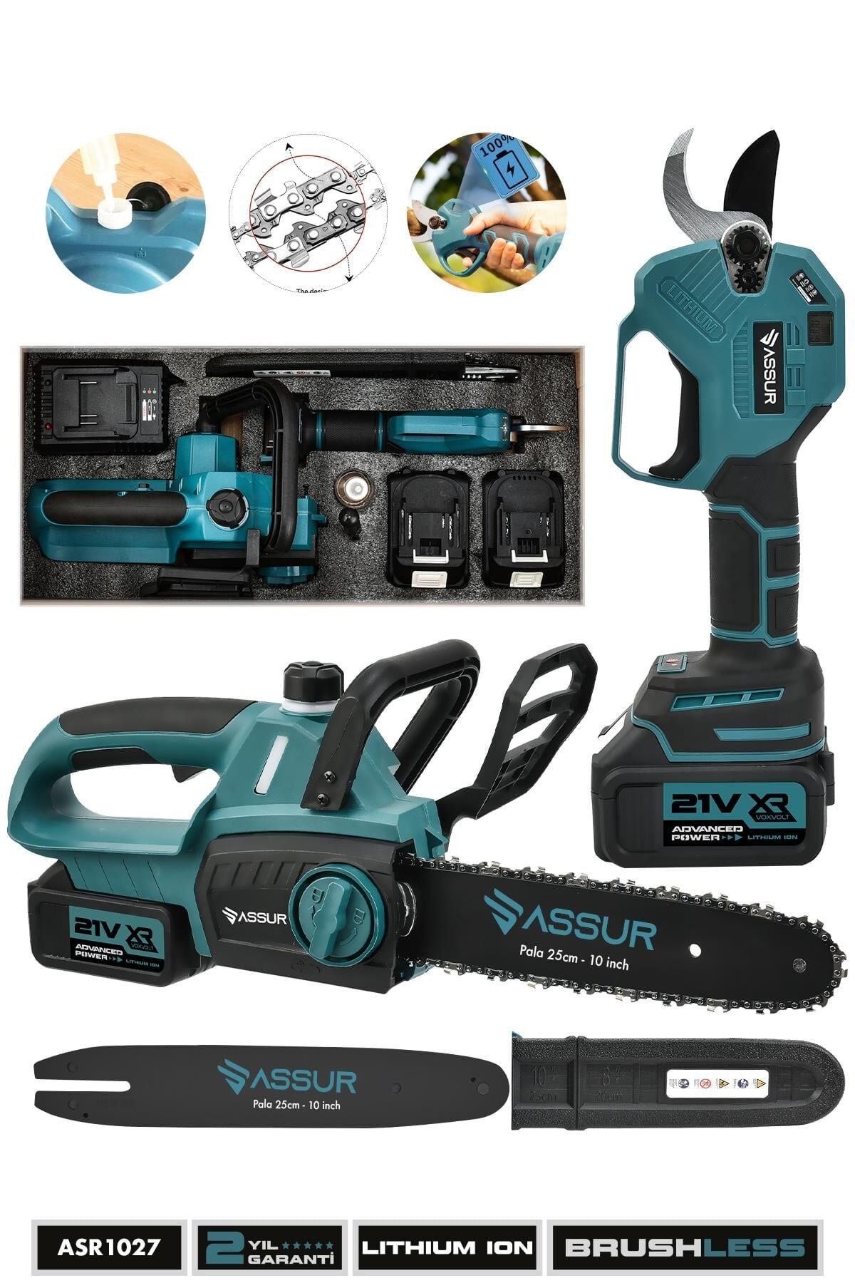 Assur Profesyonel 21V Çift Akülü Dijital Budama Makası ve Şarjlı Ağaç Kesme Budama Hızar Testere