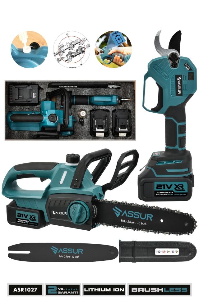 Assur Profesyonel 21V Çift Akülü Şarjlı Ağaç Kesme Budama Hızar Testere ve Dijital Şarjlı Budama Makası