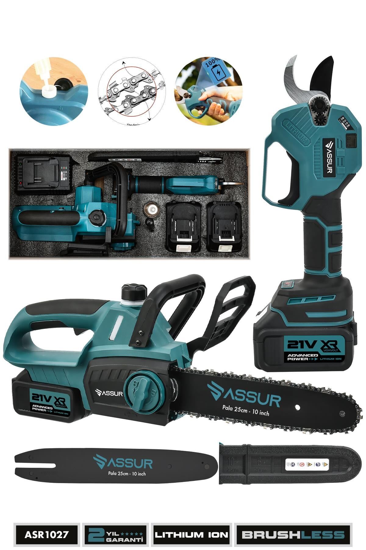 Assur Profesyonel 21V Çift Akülü Şarjlı Ağaç Kesme Budama Hızar Testere ve Dijital Şarjlı Budama Makası