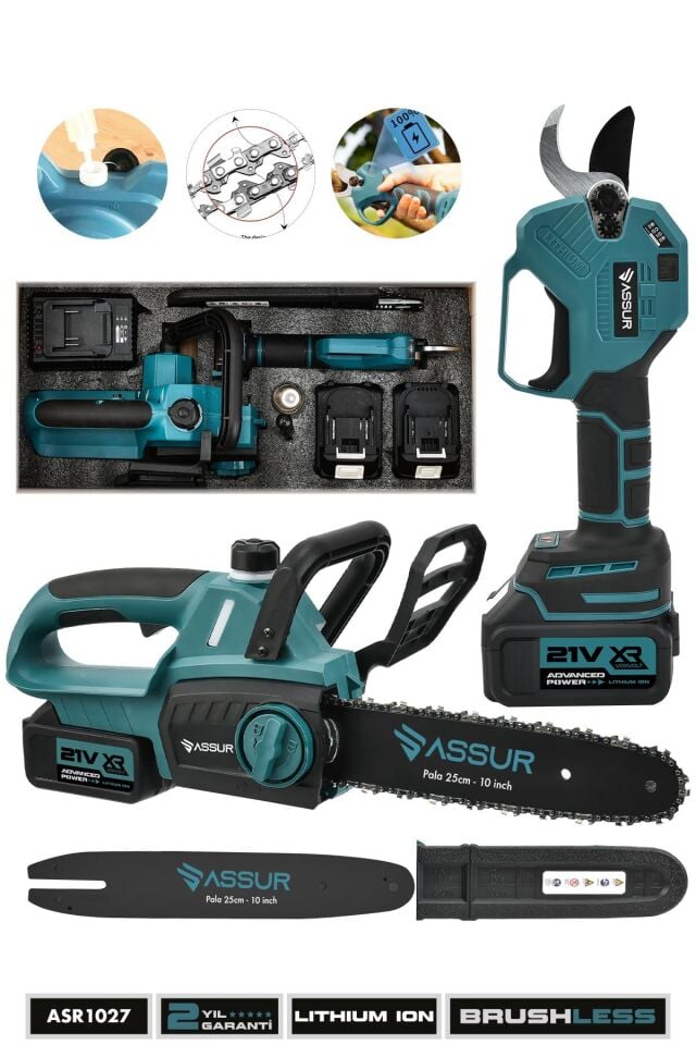 Assur Profesyonel 21V Çift Akülü Şarjlı Ağaç Kesme Budama Hızar Testere ve Dijital Şarjlı Budama Makası