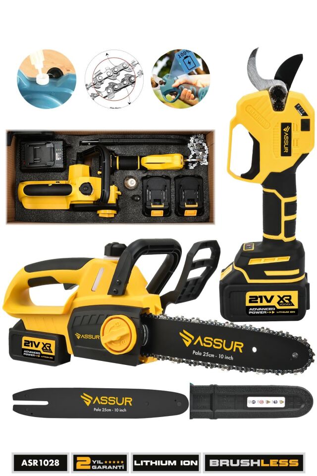 Assur Profesyonel 21V Çift Akülü Budama Makası ve Ağaç Kesme Budama Hızar Testere