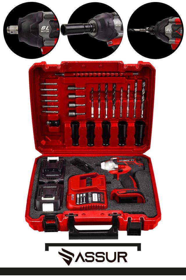 Assur 21V Akülü Vidalama Darbeli Kömürsüz Motor 800Nm Bijon Somun Sökme Sıkma