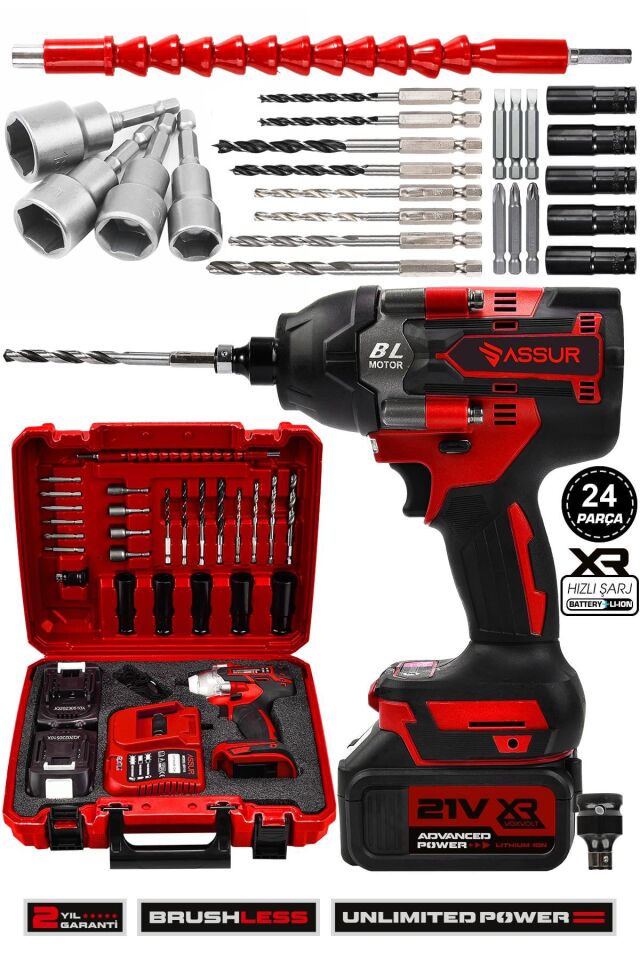 Assur 21V Akülü Vidalama Darbeli Kömürsüz Motor 800Nm Bijon Somun Sökme Sıkma
