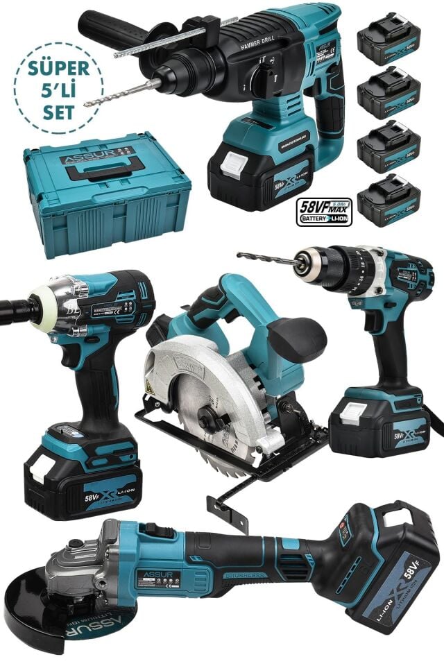 Assur Profesyonel 21V Çift Akülü Somun Sökme Taşlama Daire Testere Matkap Kırıcı Delici Hilti 5'li Set