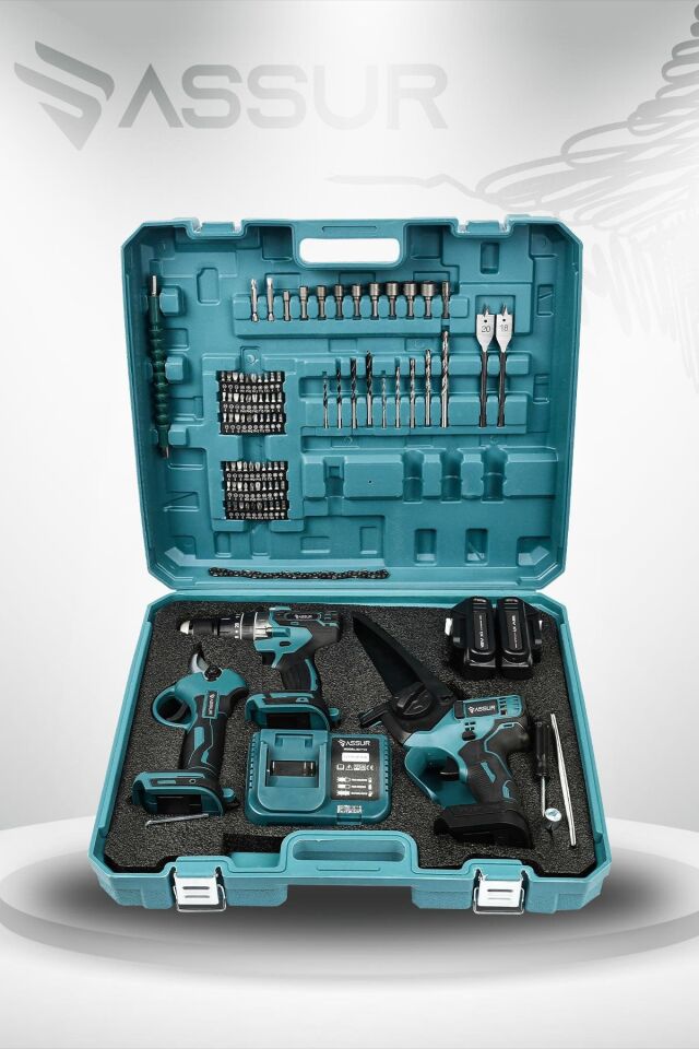 Assur Profesyonel 18V Çift Akülü Budama Testeresi Matkap Budama Makası 3'lü Set