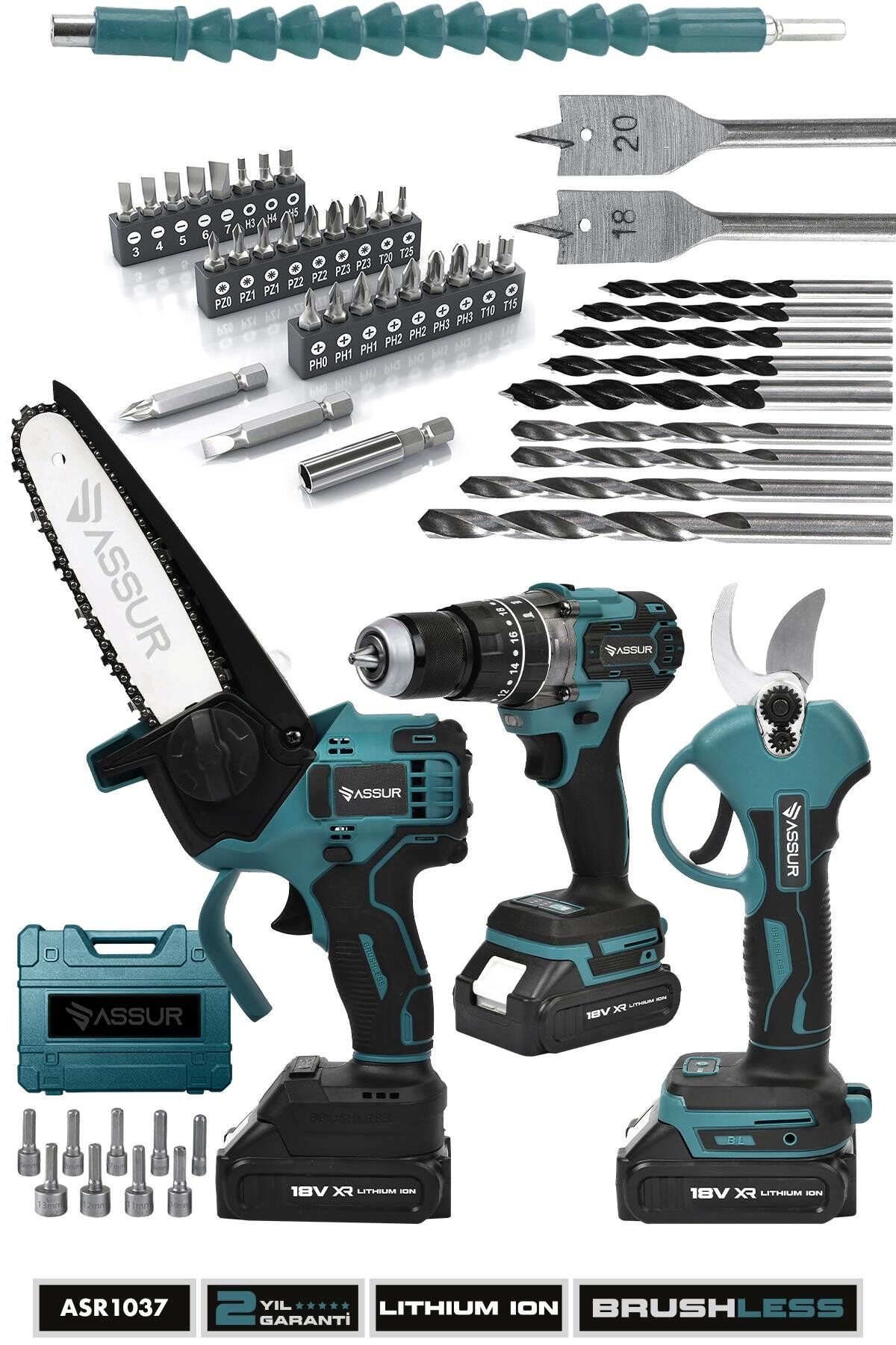 Assur Profesyonel 18V Çift Akülü Budama Testeresi Matkap Budama Makası 3'lü Set