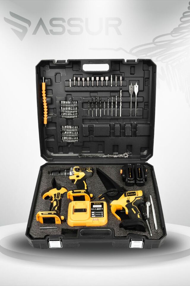 Assur Profesyonel 18V Çift Akülü Matkap Budama Testeresi Budama Makası 3'lü Set