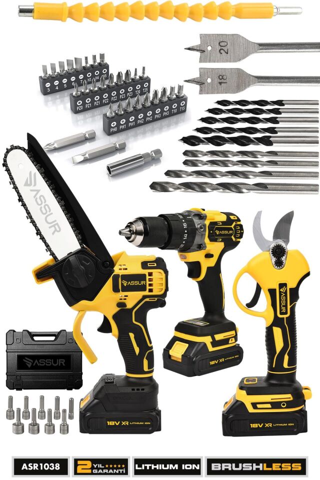 Assur Profesyonel 18V Çift Akülü Budama Makası Budama Testeresi Matkap 3'lü Set