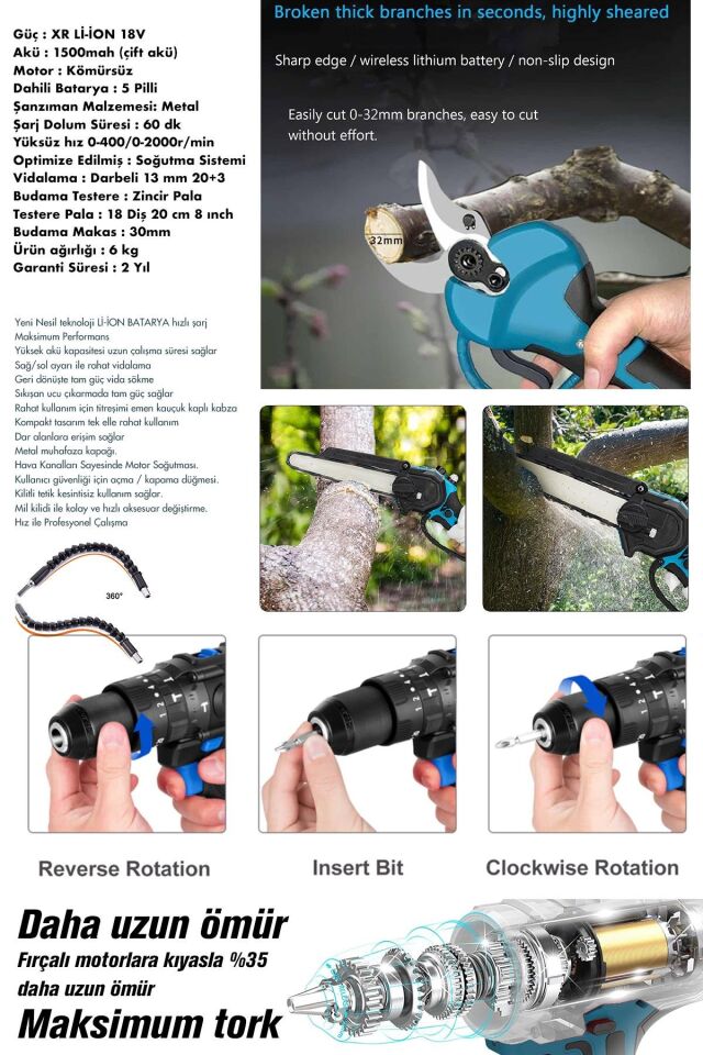 Assur Profesyonel 18V Çift Akülü Budama Makası Budama Testeresi Matkap 3'lü Set