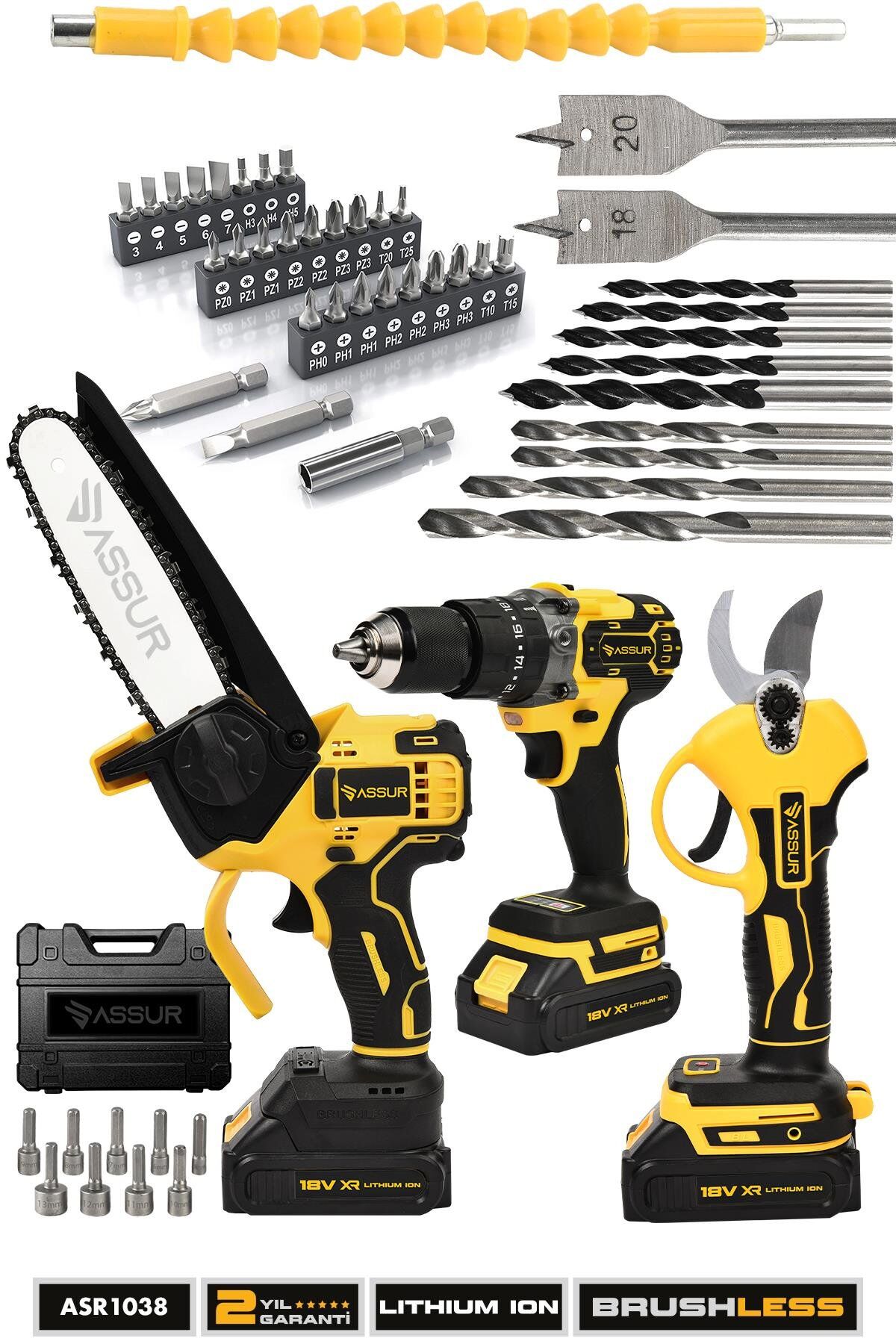 Assur Profesyonel 18V Çift Akülü Budama Testeresi Budama Makası Matkap 3'lü Set