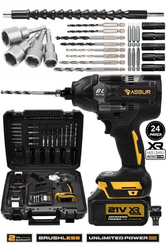 Assur 21V Akülü Vidalama Darbeli Kömürsüz Motor 800Nm 10 Pilli Bijon Somun Sökme Sıkma