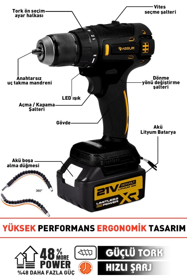 Assur 21V Akülü Vidalama Kömürsüz Motor Şarjlı Matkap