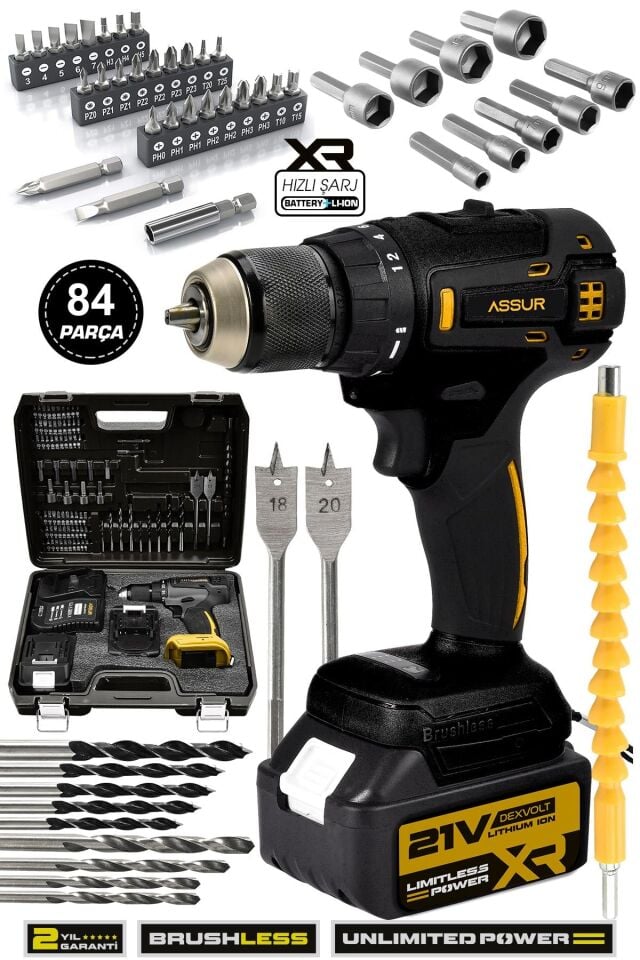 Assur 21V Akülü Vidalama Kömürsüz Motor Şarjlı Matkap