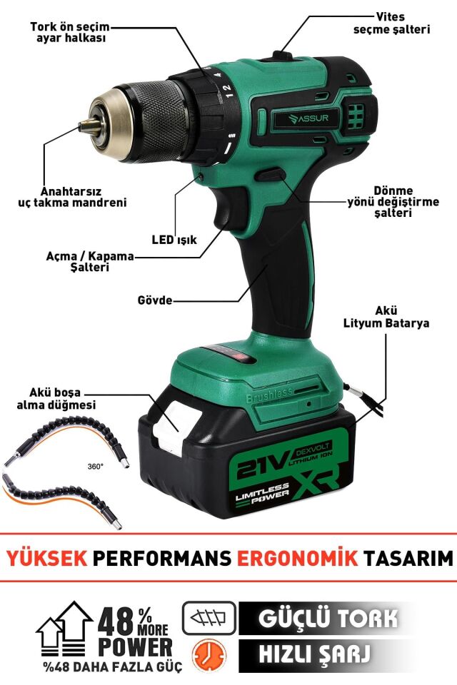 Assur 21V Akülü Vidalama Kömürsüz Motor Şarjlı Matkap