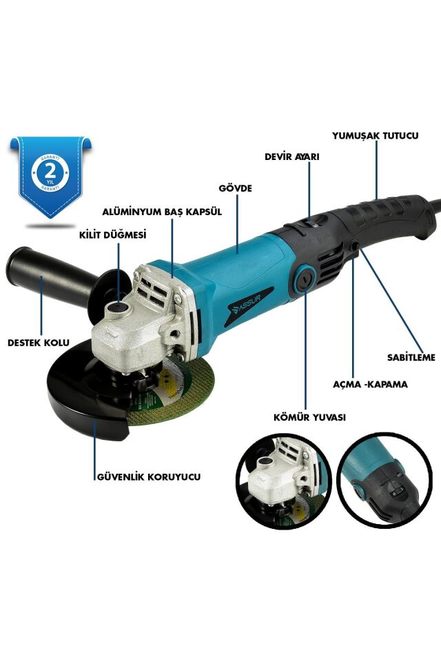 Assur 1200W Avuç Taşlama Makinesi 125mm 6 Kademeli Uzun Kuyruk