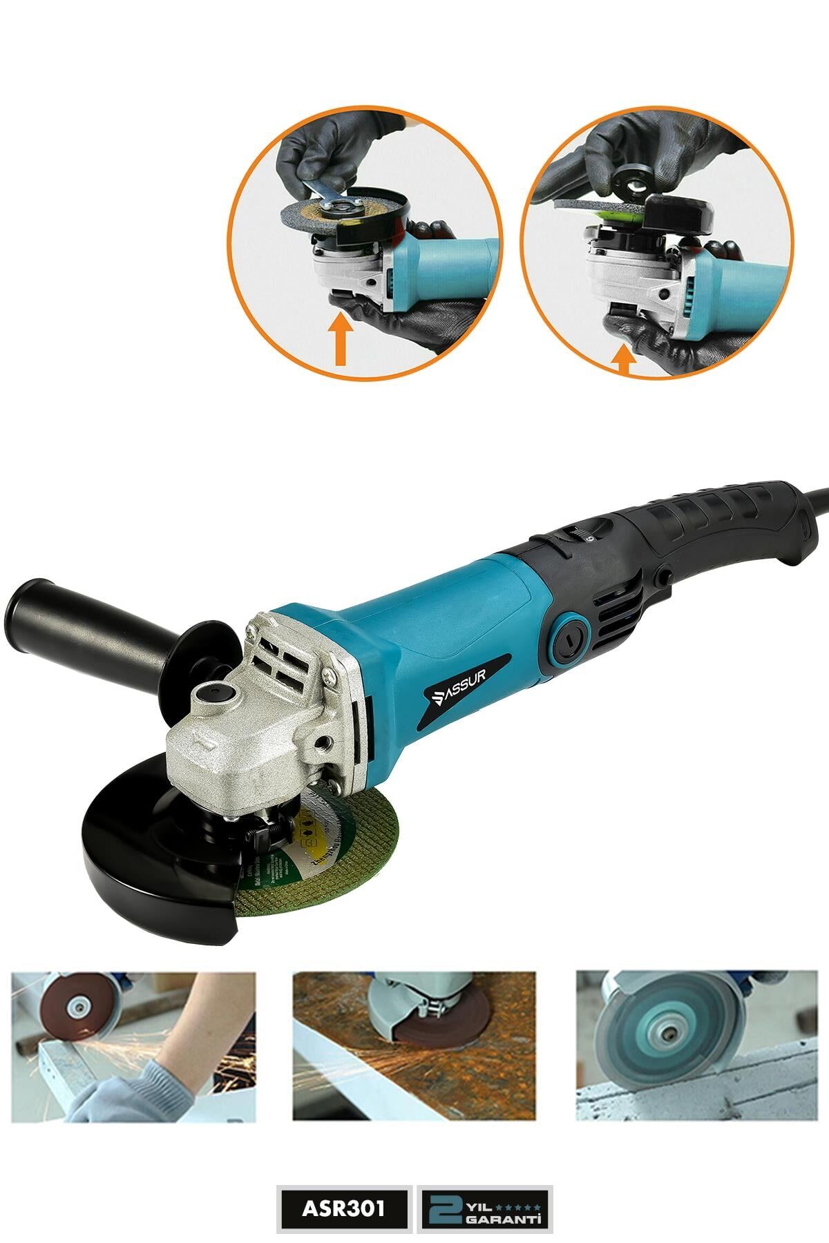 Assur 1200W Avuç Taşlama Makinesi 125mm 6 Kademeli Uzun Kuyruk