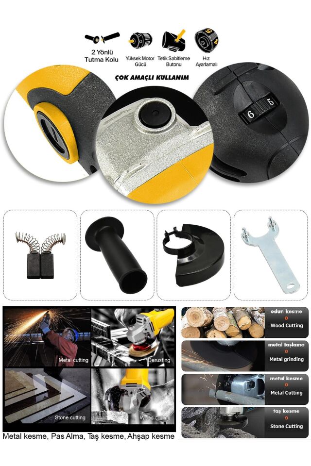Assur 1200W Avuç Taşlama Makinesi 125mm 6 Kademeli Uzun Kuyruk