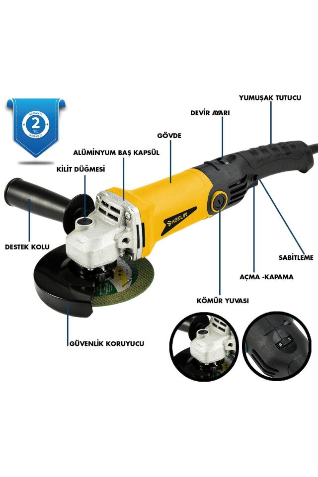 Assur 1200W Avuç Taşlama Makinesi 125mm 6 Kademeli Uzun Kuyruk