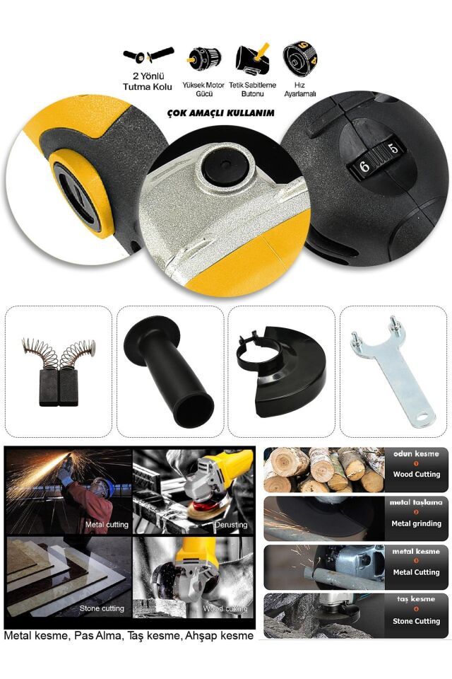 Assur 1200W Avuç Taşlama Makinesi 125mm 6 Kademeli Uzun Kuyruk