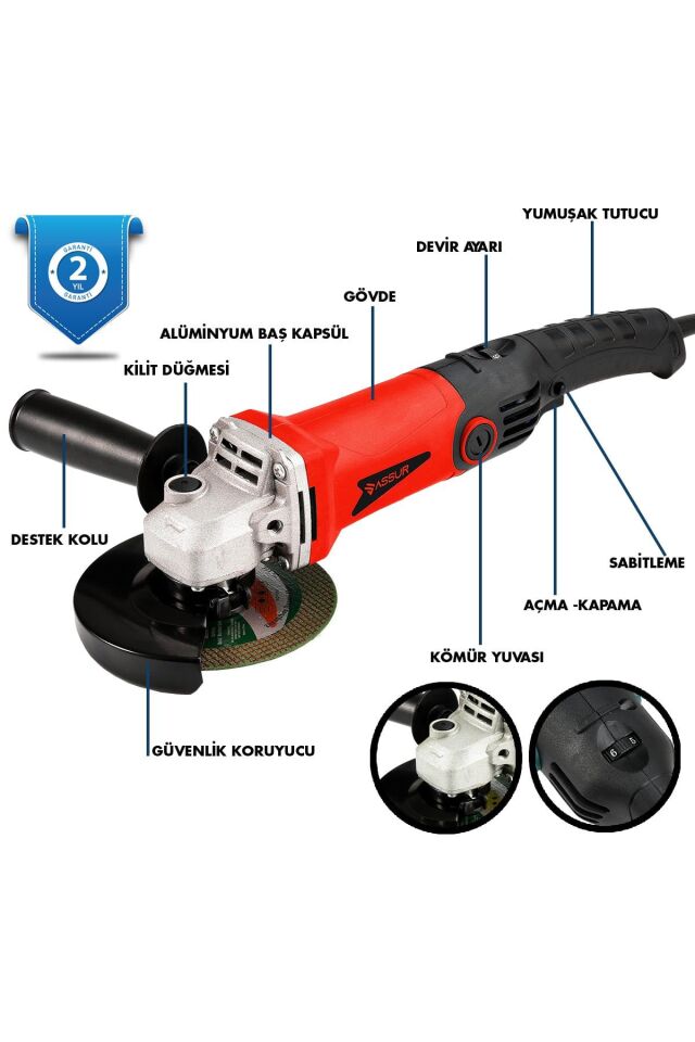 Assur 1200W Avuç Taşlama Makinesi 125mm 6 Kademeli Uzun Kuyruk