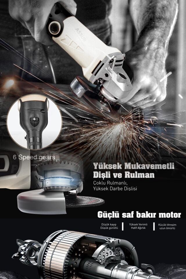 Assur 1200W Avuç Taşlama Makinesi 125mm 6 Kademeli Uzun Kuyruk