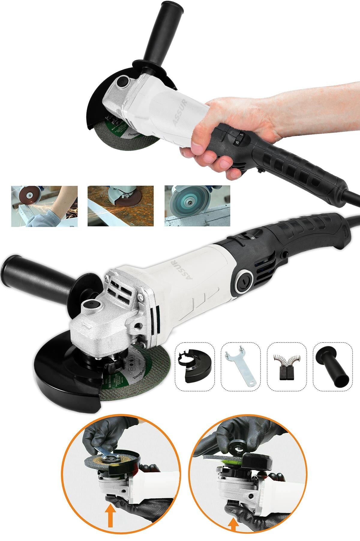 Assur 1200W Avuç Taşlama Makinesi 125mm 6 Kademeli Uzun Kuyruk