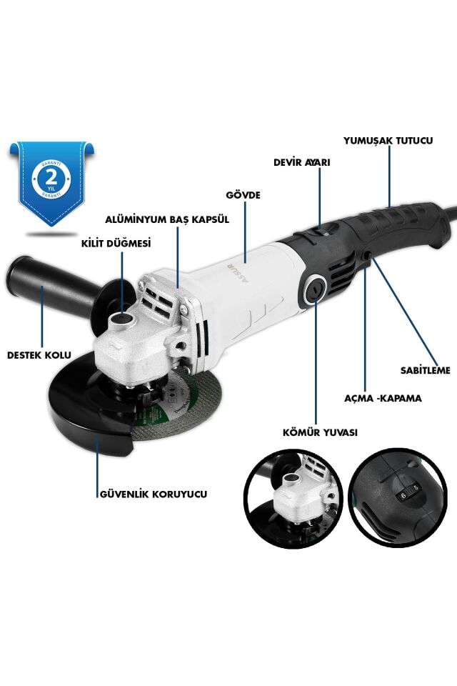 Assur 1200W Avuç Taşlama Makinesi 125mm 6 Kademeli Uzun Kuyruk
