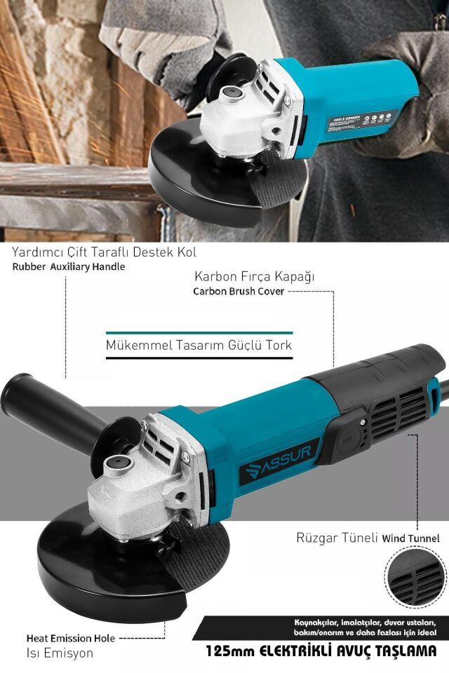 Assur 550W Avuç Taşlama Makinesi 125mm Bakır Sargılı Spiral