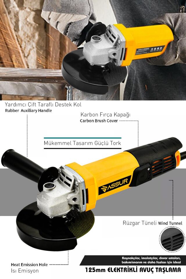 Assur 550W Avuç Taşlama Makinesi 125mm Bakır Sargılı Spiral