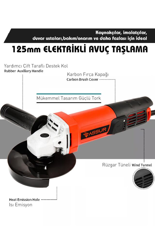 Assur 550W Avuç Taşlama Makinesi 125mm Bakır Sargılı Spiral