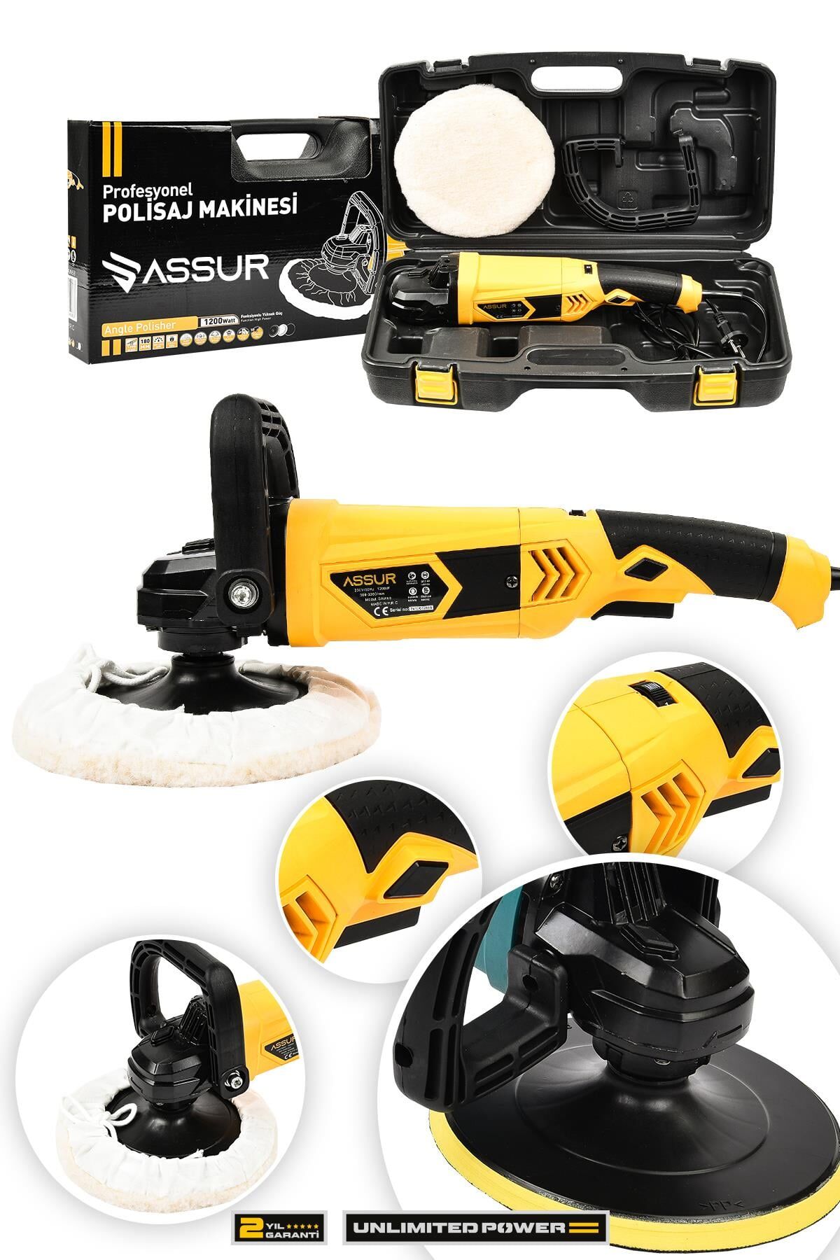 Assur 1200W Polisaj Makinesi Devir Ayarlı 6 Kademeli 180mm Pasta Cila