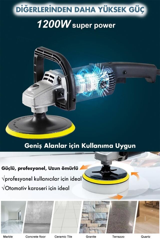 Assur 1200W Polisaj Makinesi Devir Ayarlı 6 Kademeli 180mm Pasta Cila