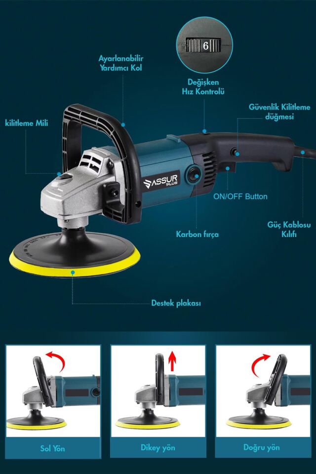 Assur 1200W Polisaj Makinesi Devir Ayarlı 6 Kademeli 180mm Pasta Cila