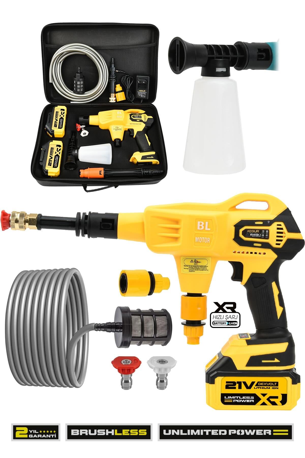Assur 21V Kömürsüz Motor Yüksek Basınçlı Akülü Oto Araba Yıkama Makinesi Şarjlı