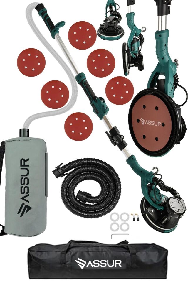 Assur 850W Alçıpan Duvar Zımpara Makinası 360° Ledli Toz Emmeli