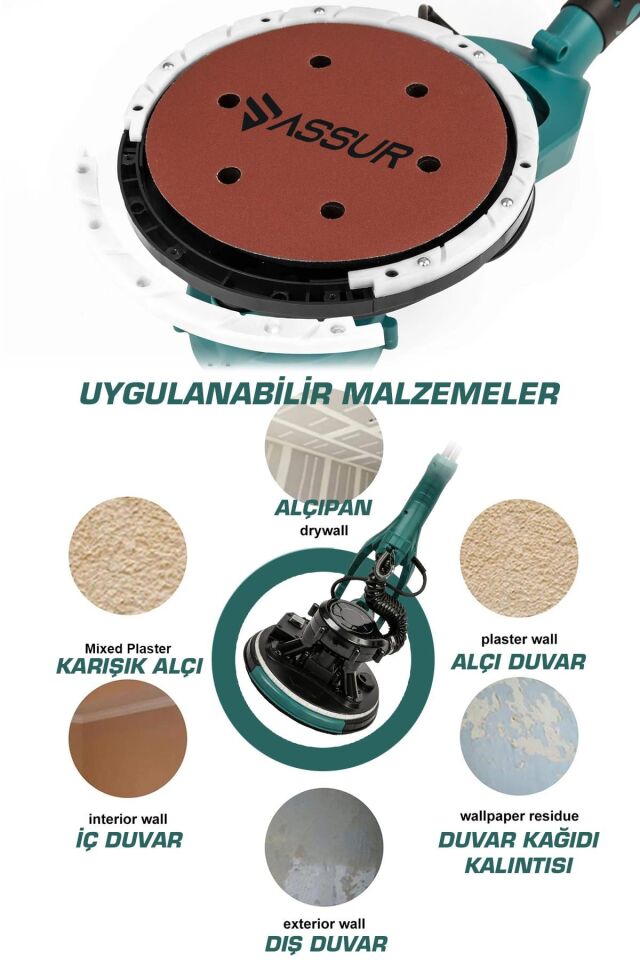 Assur 850W Alçıpan Duvar Zımpara Makinası 360° Ledli Toz Emmeli