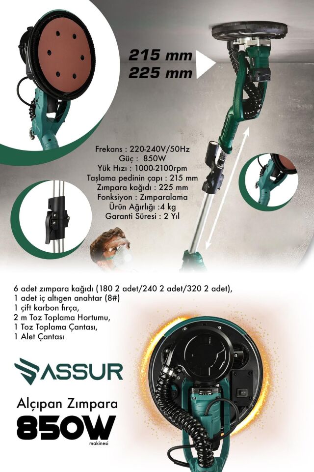 Assur 850W Alçıpan Duvar Zımpara Makinası 360° Ledli Toz Emmeli