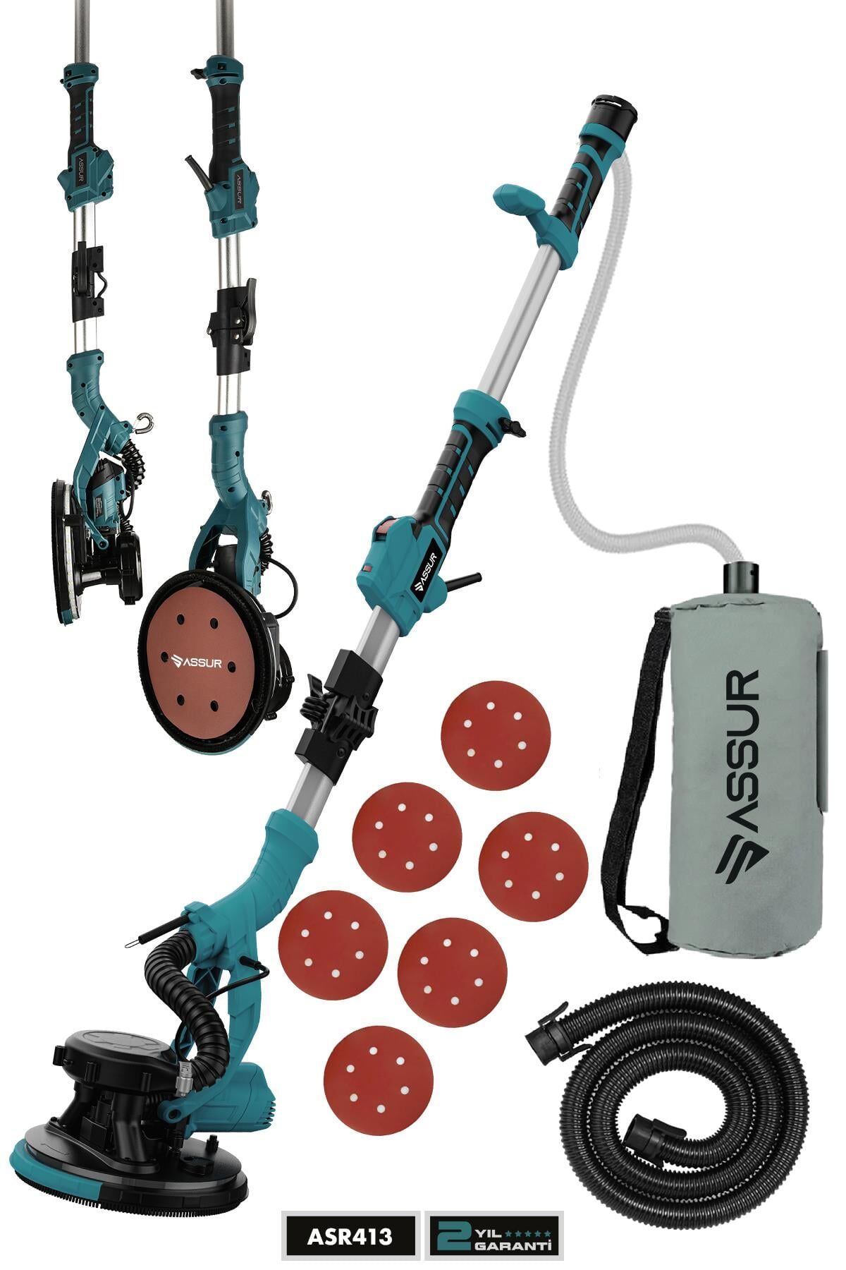 Assur 850W Alçıpan Duvar Zımpara Makinası 360° Ledli Toz Emmeli