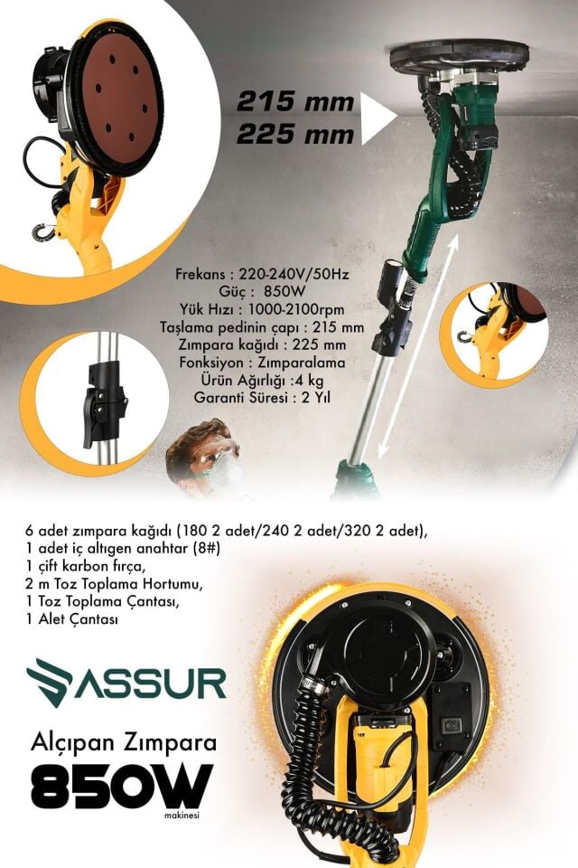 Assur 850W Alçıpan Duvar Zımpara Makinası 360° Ledli Toz Emmeli