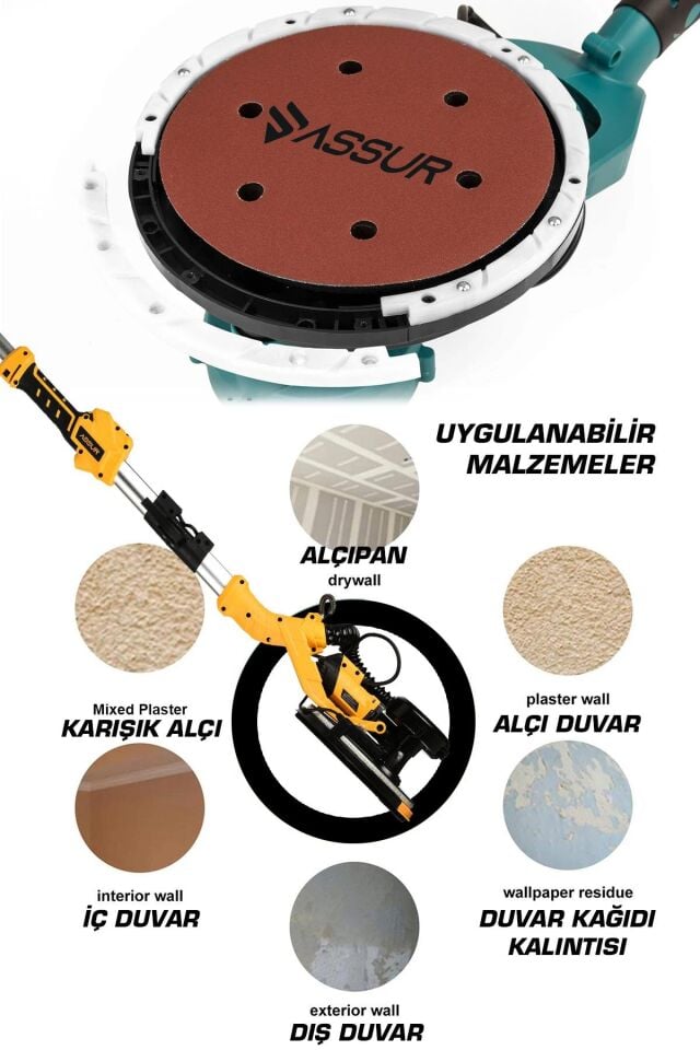 Assur 850W Alçıpan Duvar Zımpara Makinası 360° Ledli Toz Emmeli