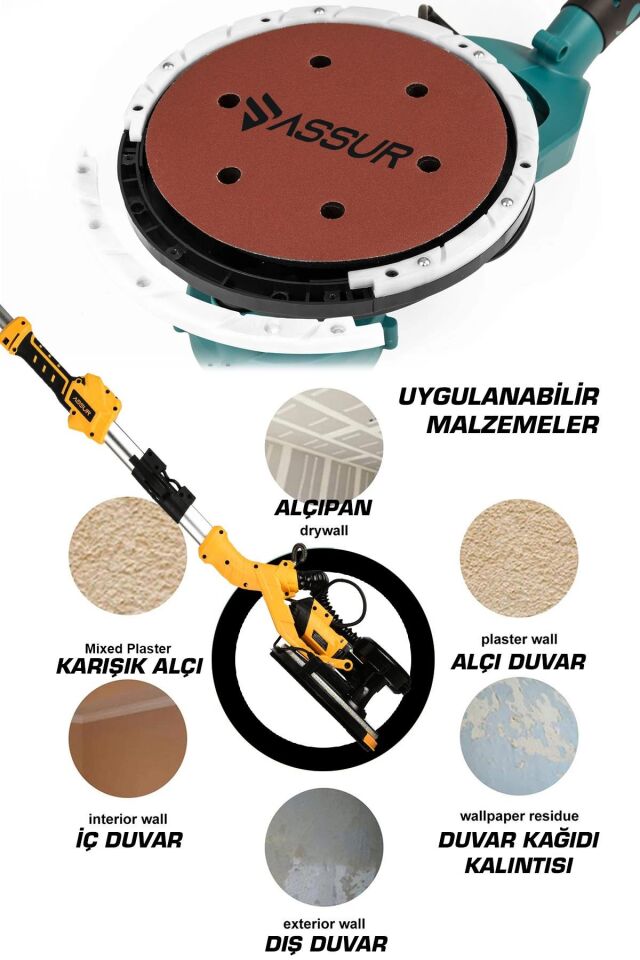 Assur 850W Alçıpan Duvar Zımpara Makinası 360° Ledli Toz Emmeli