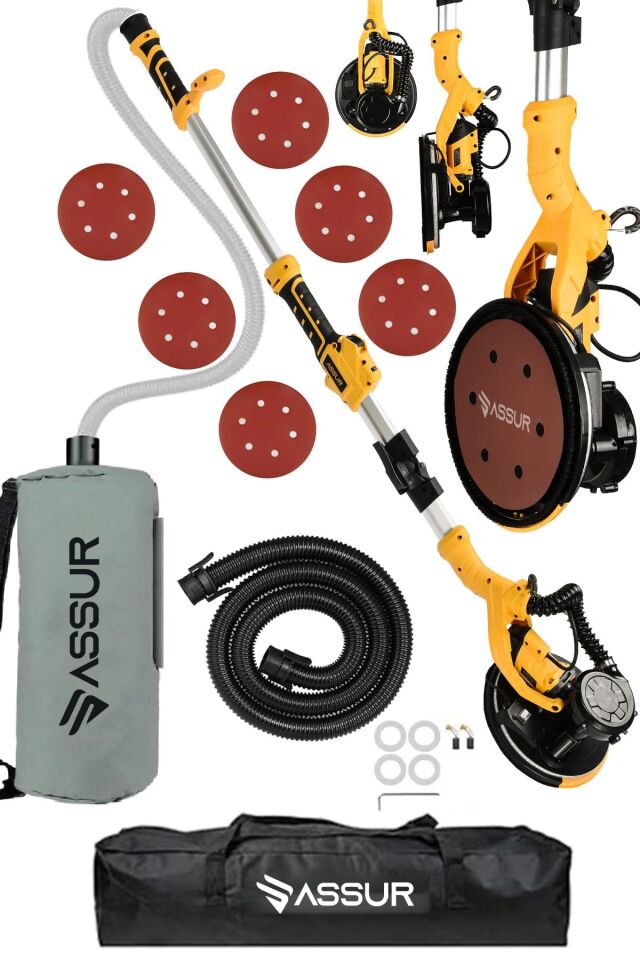 Assur 850W Alçıpan Duvar Zımpara Makinası 360° Ledli Toz Emmeli