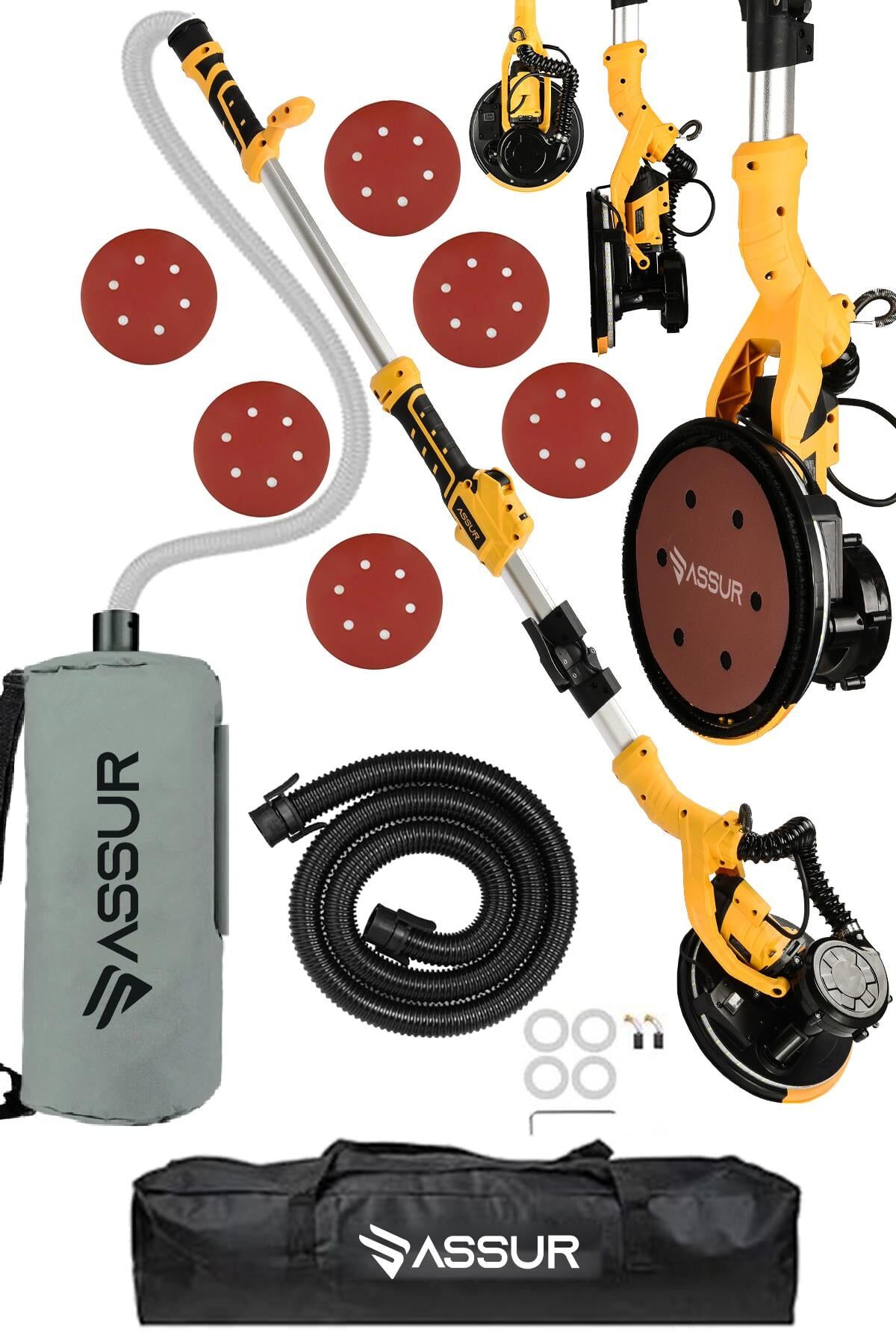 Assur 850W Alçıpan Duvar Zımpara Makinası 360° Ledli Toz Emmeli