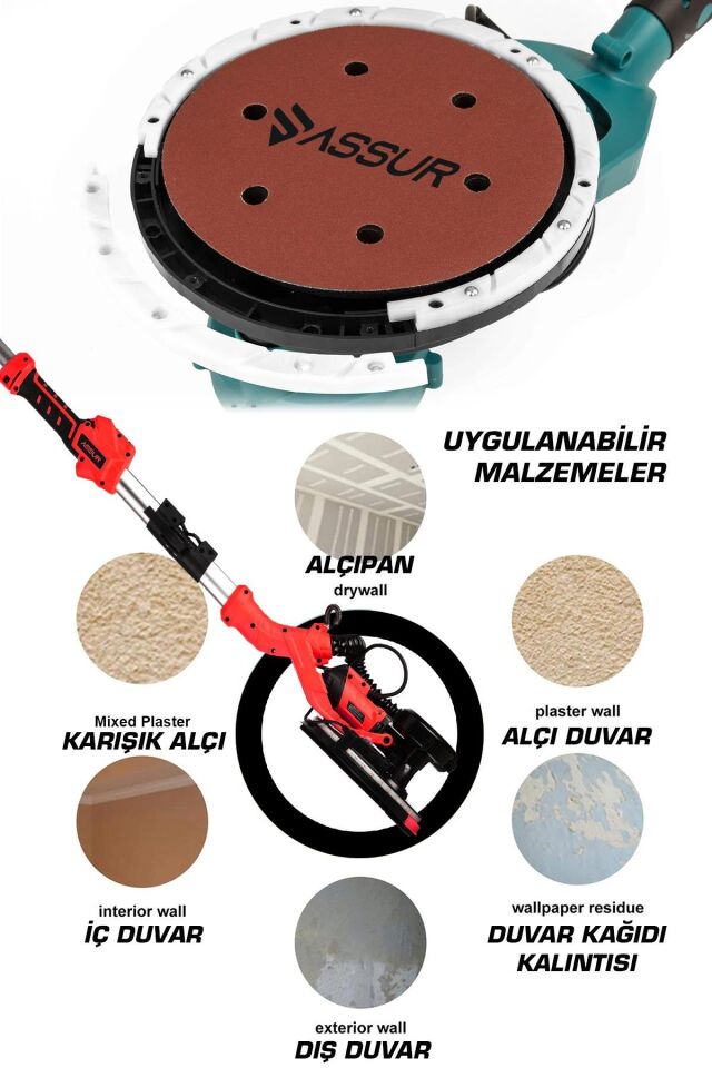 Assur 850W Alçıpan Duvar Zımpara Makinası 360° Ledli Toz Emmeli